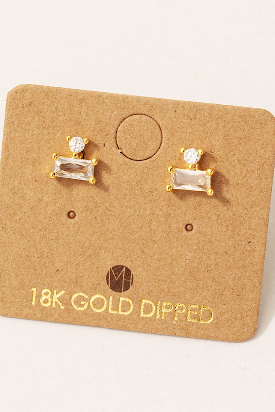 Baguette Round CZ Stud Earrings in Gold or Silver