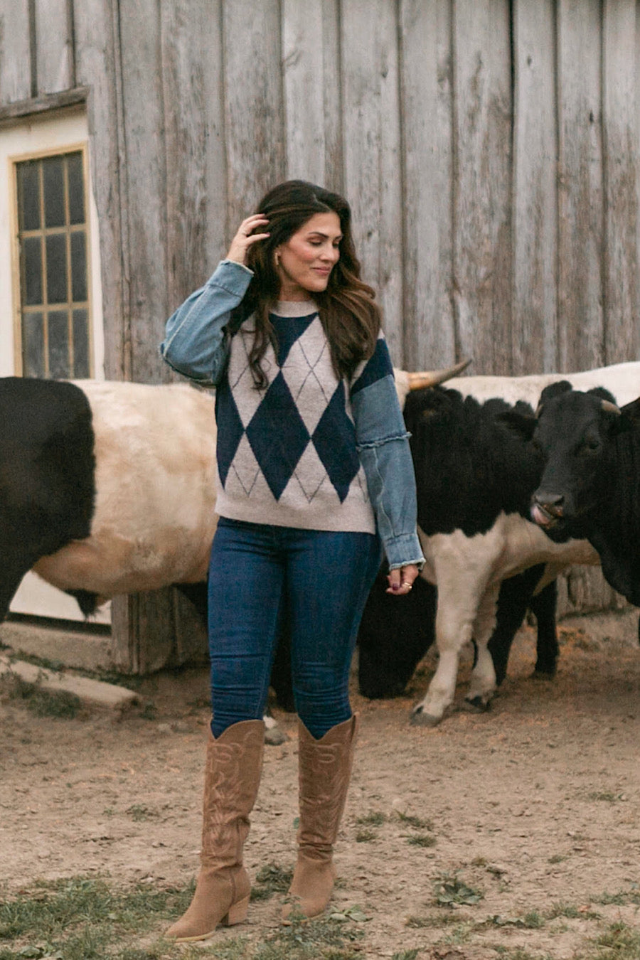 Tumbleweed Argyle Denim Sleeve Sweater