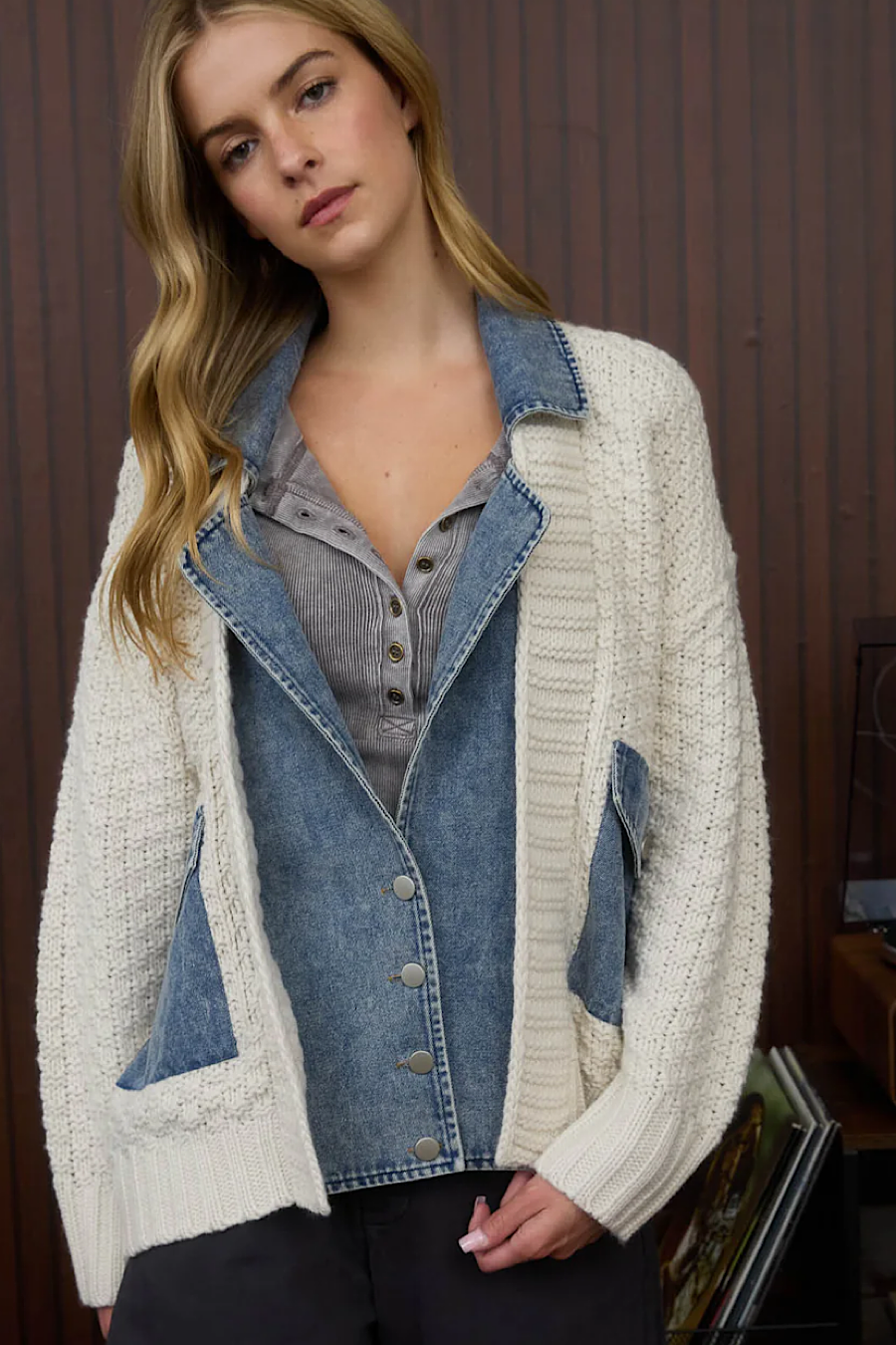 Swept Away Denim and Knit Cardigan Jacket