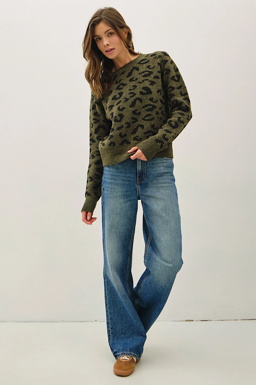 Wild Moment Leopard Jacuard Sweater Olive