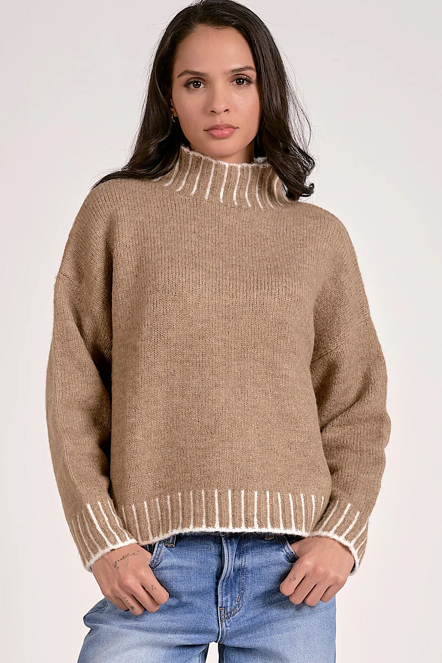 Valma Stitch Pullover Hi-Neck Sweater Tan