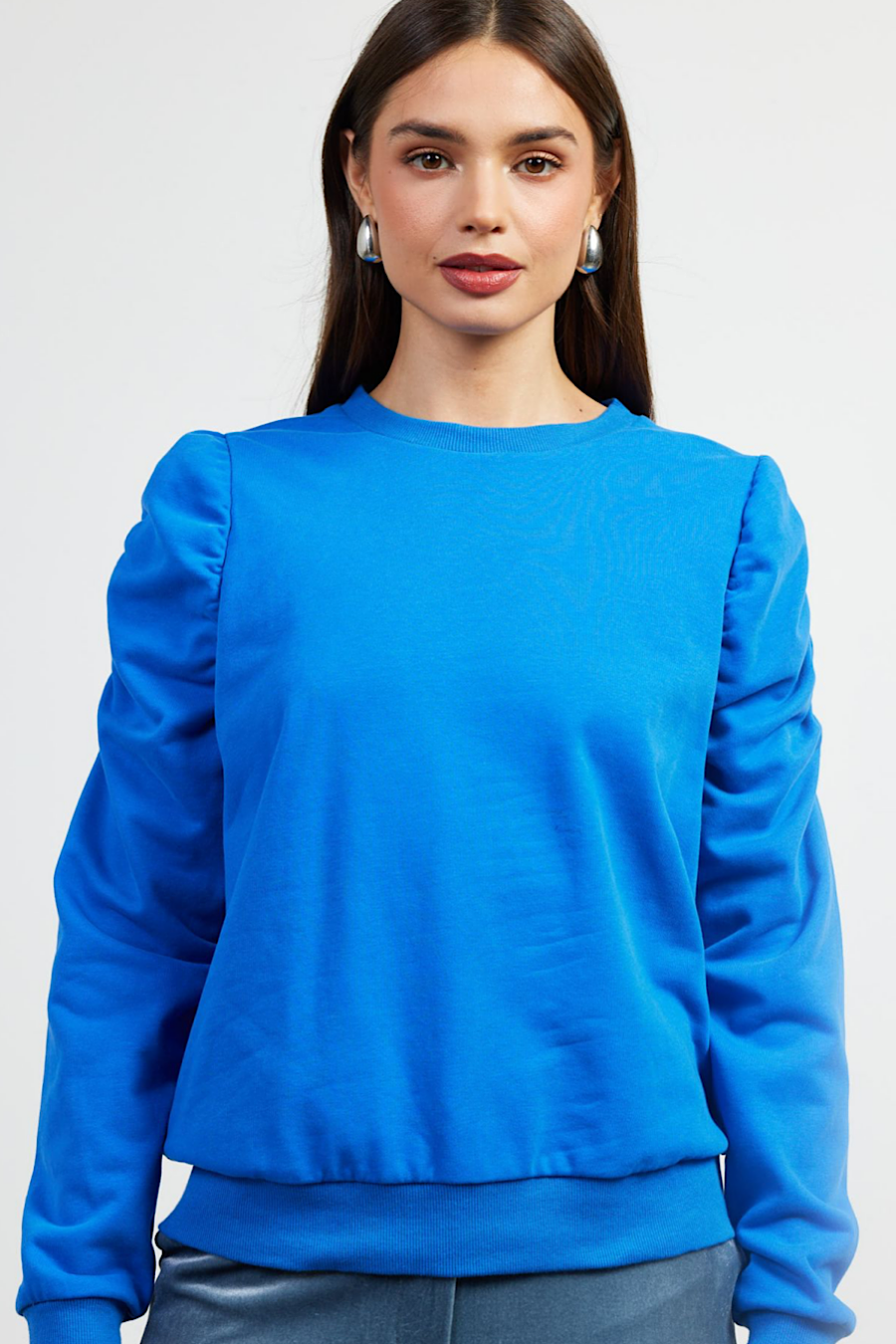 Sweet Talker Ruched Sleeve Sweatshirt Blue
