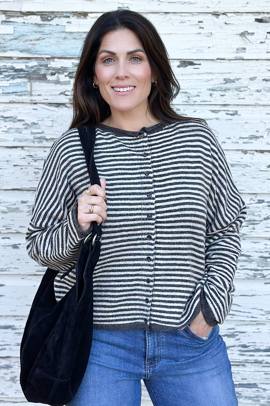 Alena Striped Knit Cardigan Dk Brown