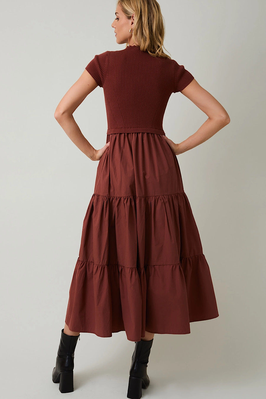 Look My Way Berry Mixed Media Pocket Dress