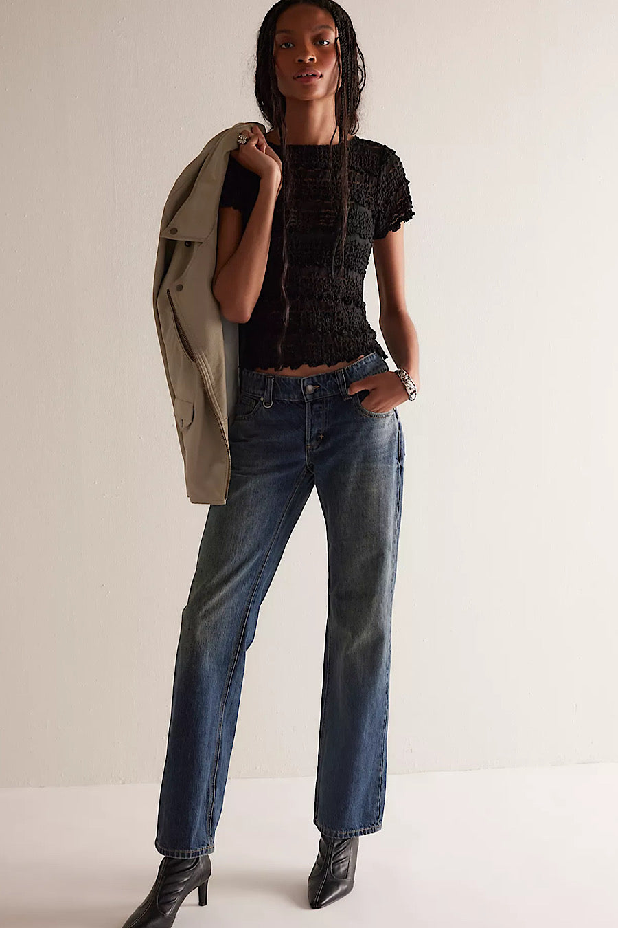 Free People Angelina Lace Tee Top Black