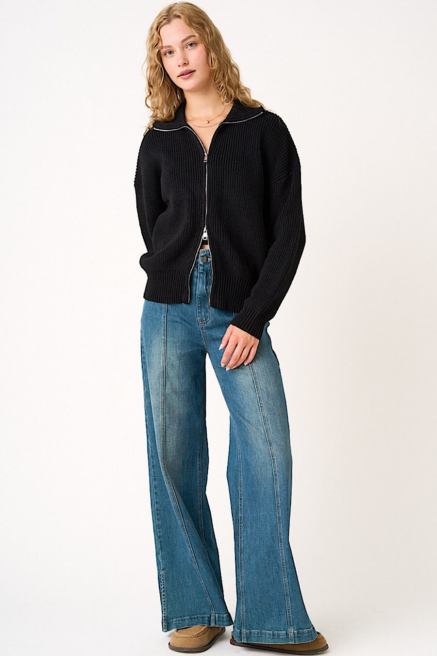 Black 2-Way Zip Up Collared Cardigan Sweater (Copy)