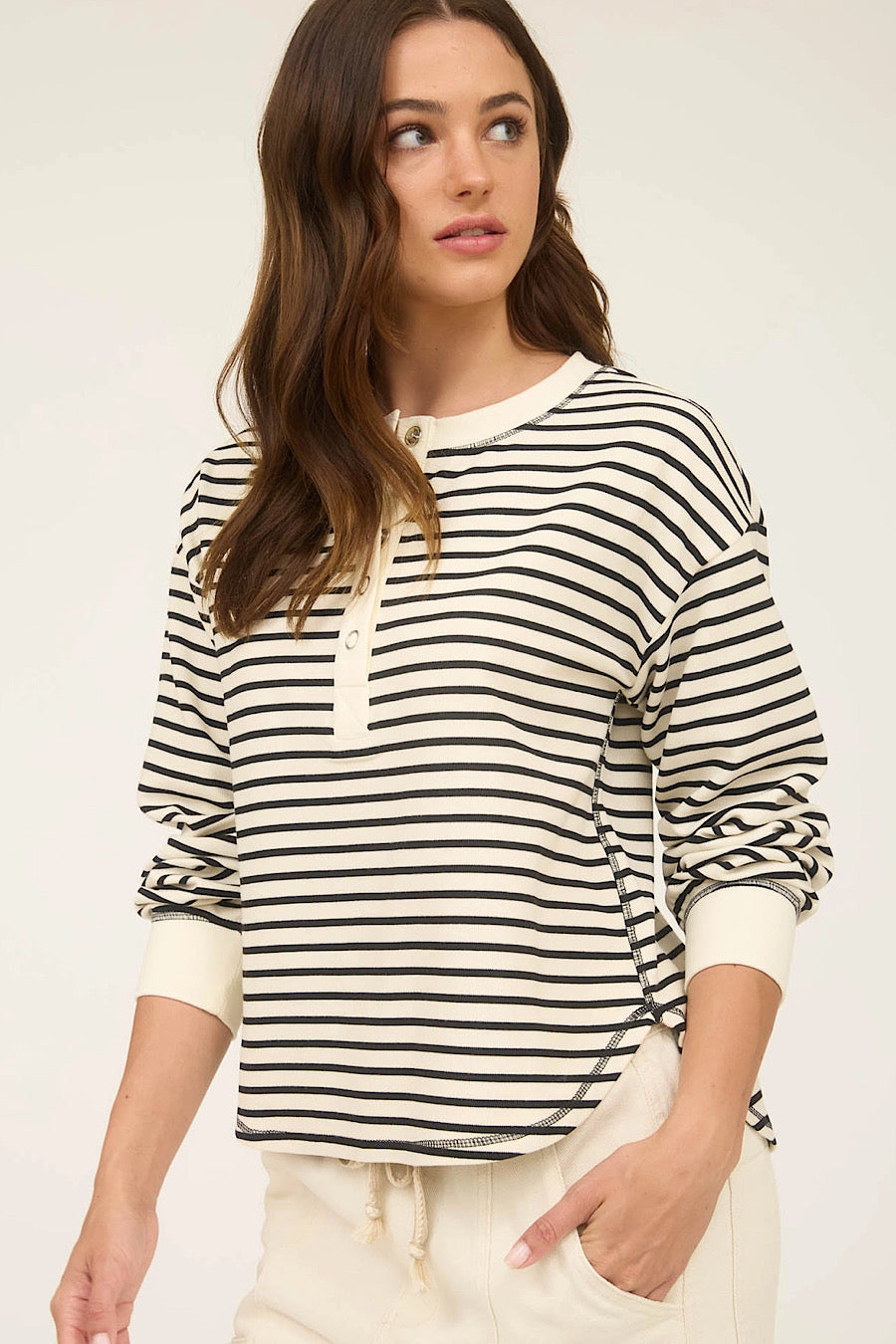 In a Rush Striped Henley Sweatshirt Top