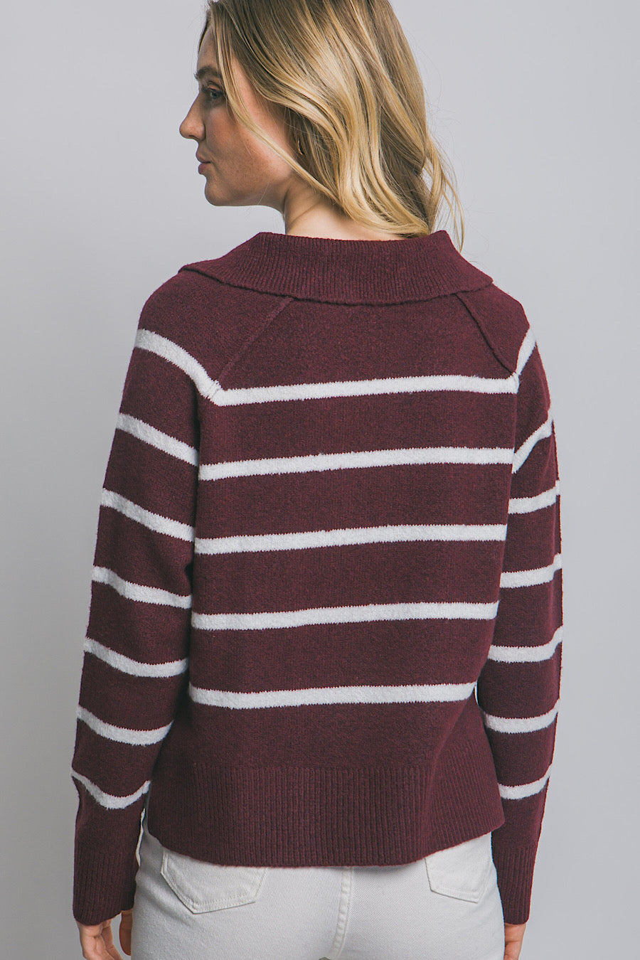 Daphne Striped Collar Polo Sweater Burgundy