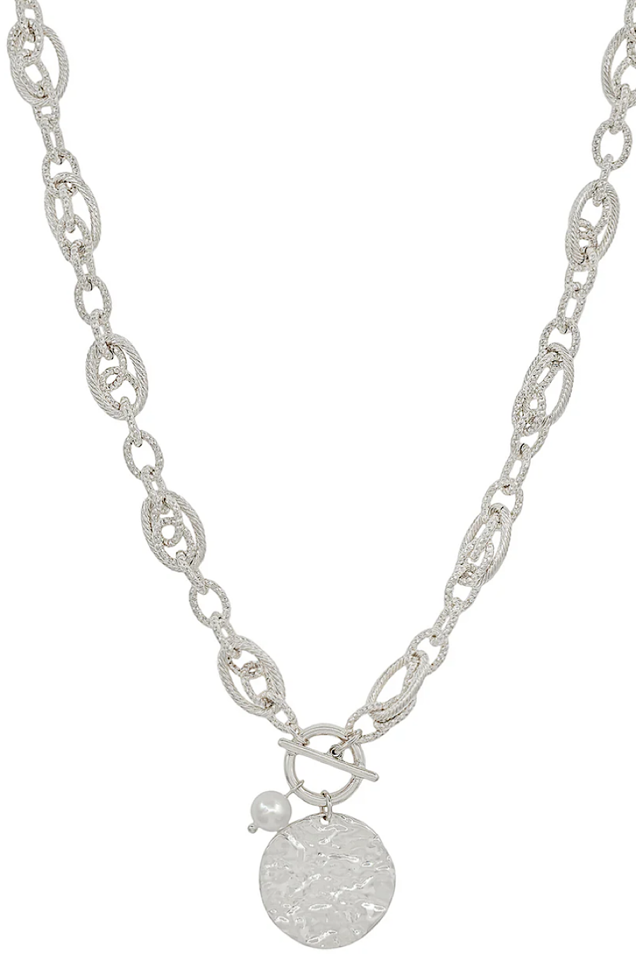 Hammered Coin & Pearl Necklace Silver