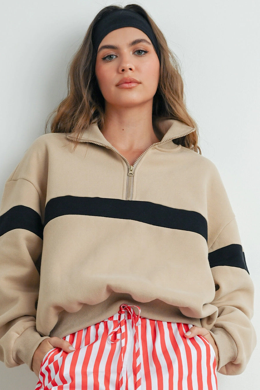 No Pain No Gain Stripe Sweatshirt Taupe/Black