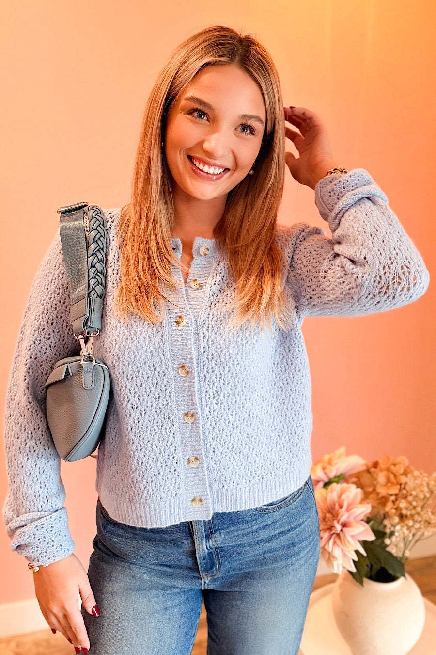 Reset Time Eyelet Knit Cardigan Blue