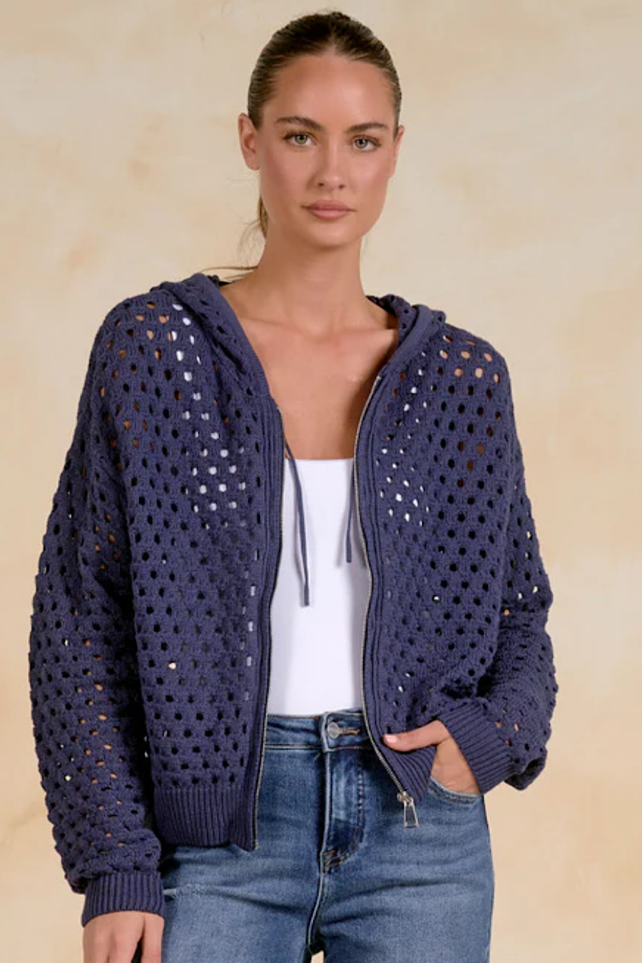 Ava Open Knit Hoodie Cardigan Jacket Navy