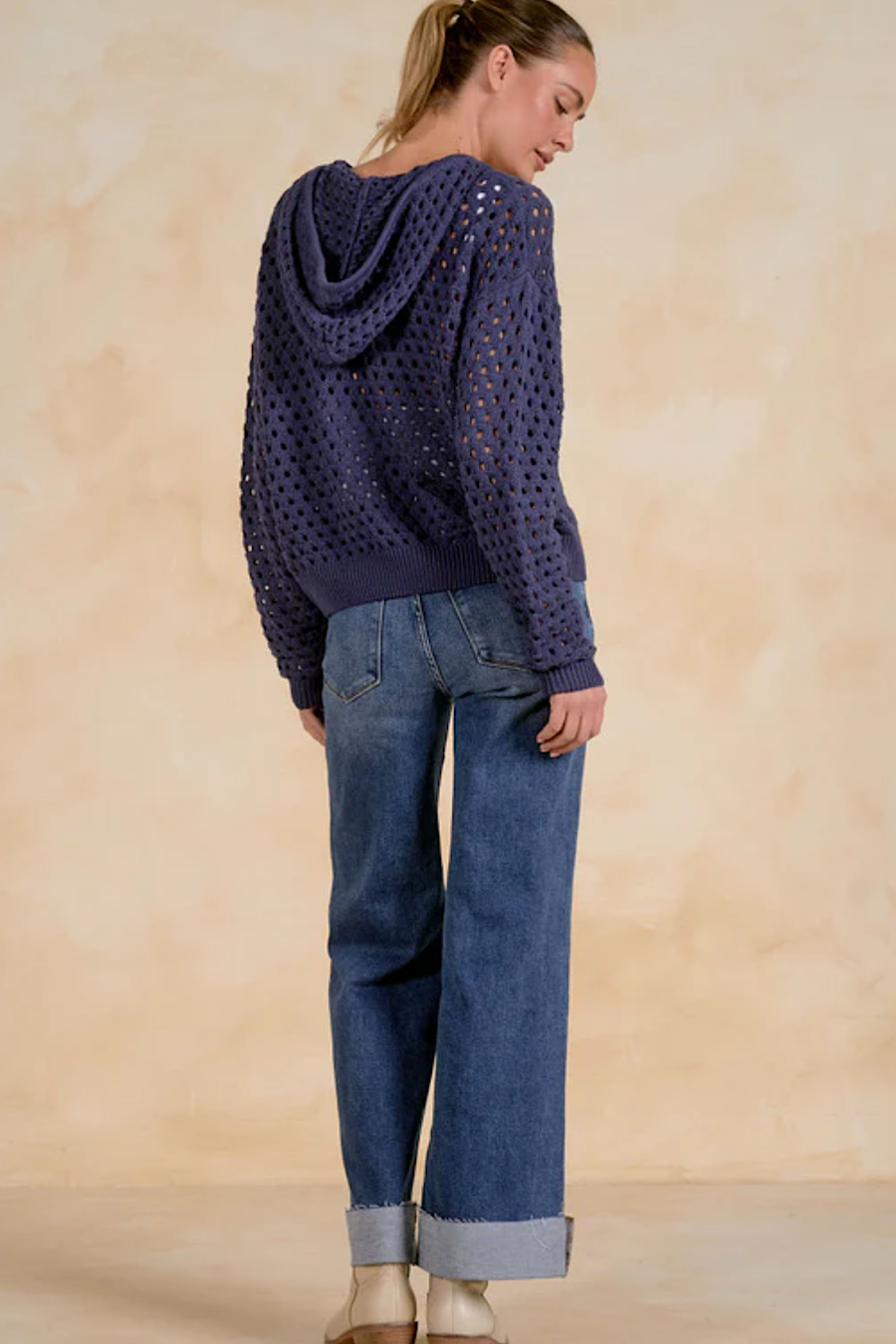 Ava Open Knit Hoodie Cardigan Jacket Navy