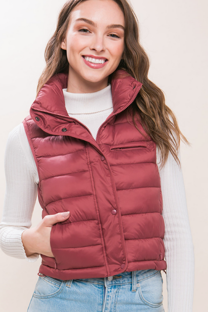 Love Tree Cropped Reversible Puffer Vest for Women in Black/Beige