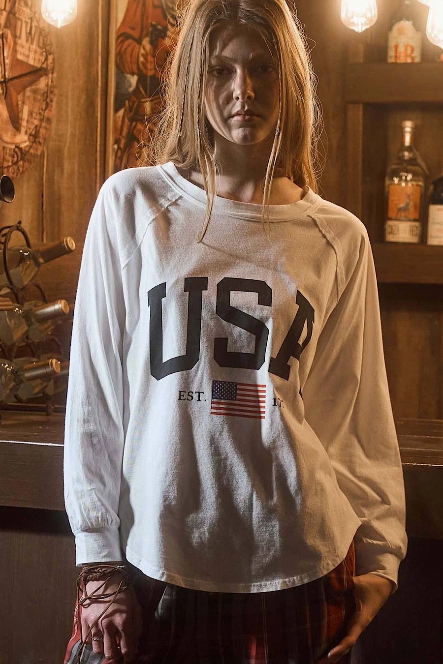 USA Raglan Long Sleeve Tee White