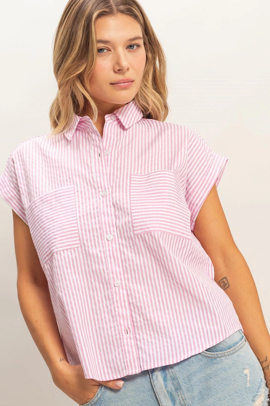 I’m Not Out Striped Button Down Blouse Pink