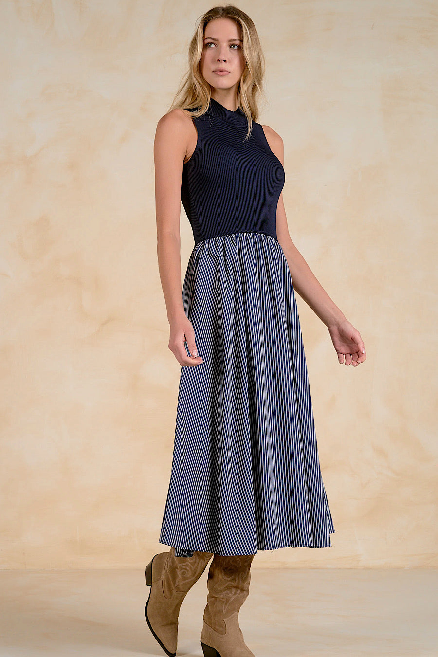 Harlow Mixed Media Midi Dress Navy