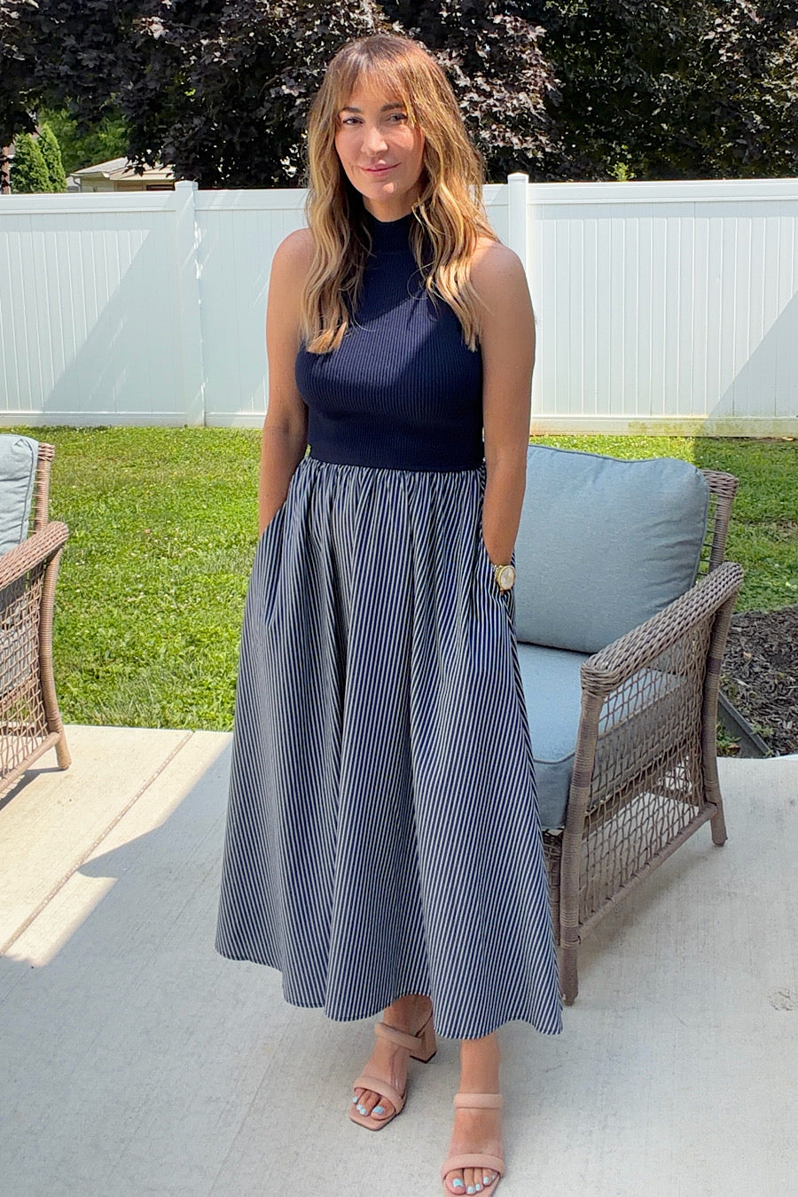 Harlow Mixed Media Midi Dress Navy