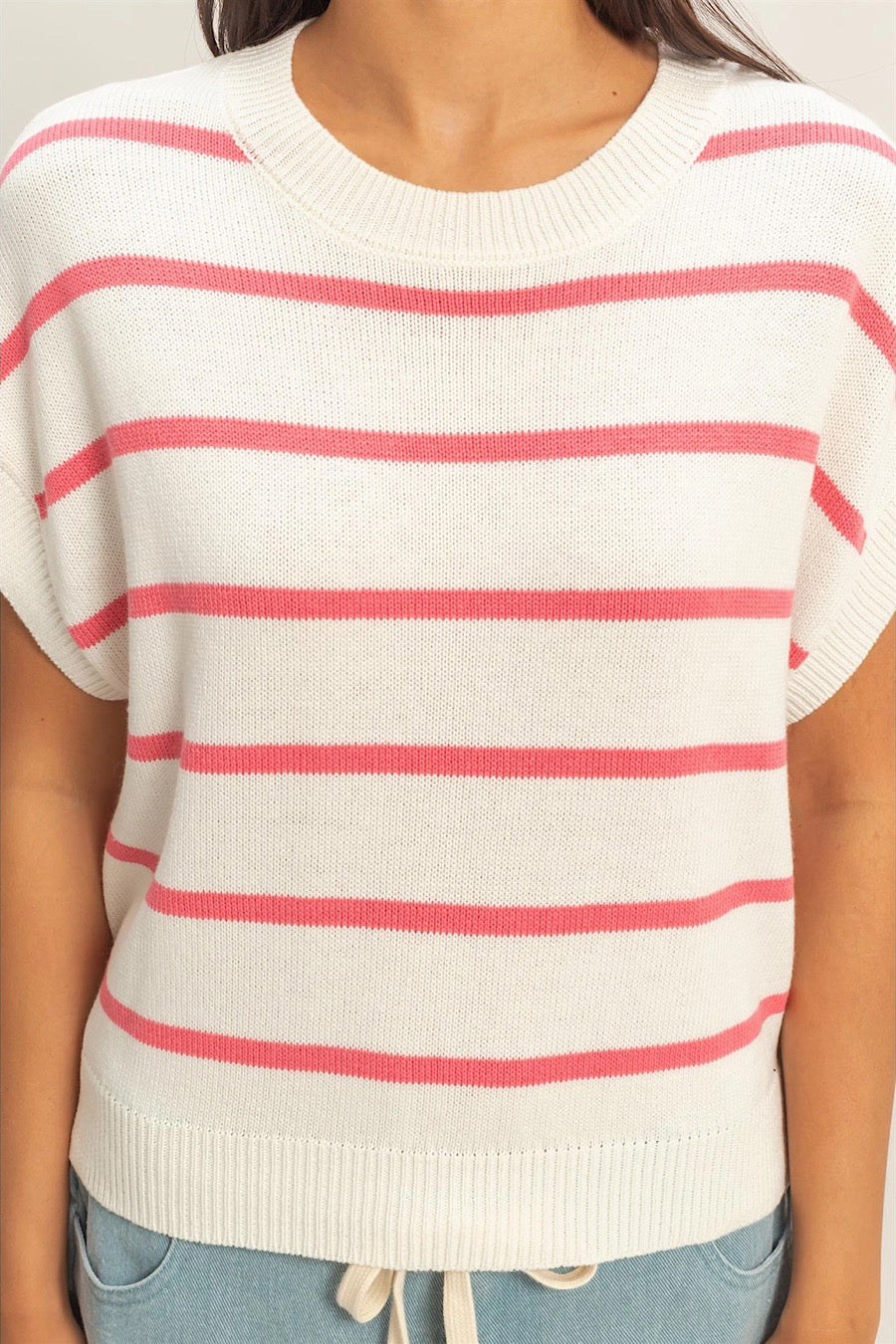 Lilly Short Sleeve Striped Knit Top Pink