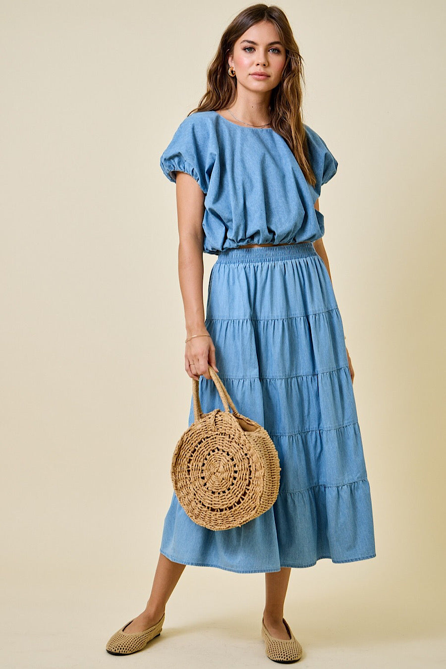 Alandro Tiered Denim Chambray Maxi Skirt