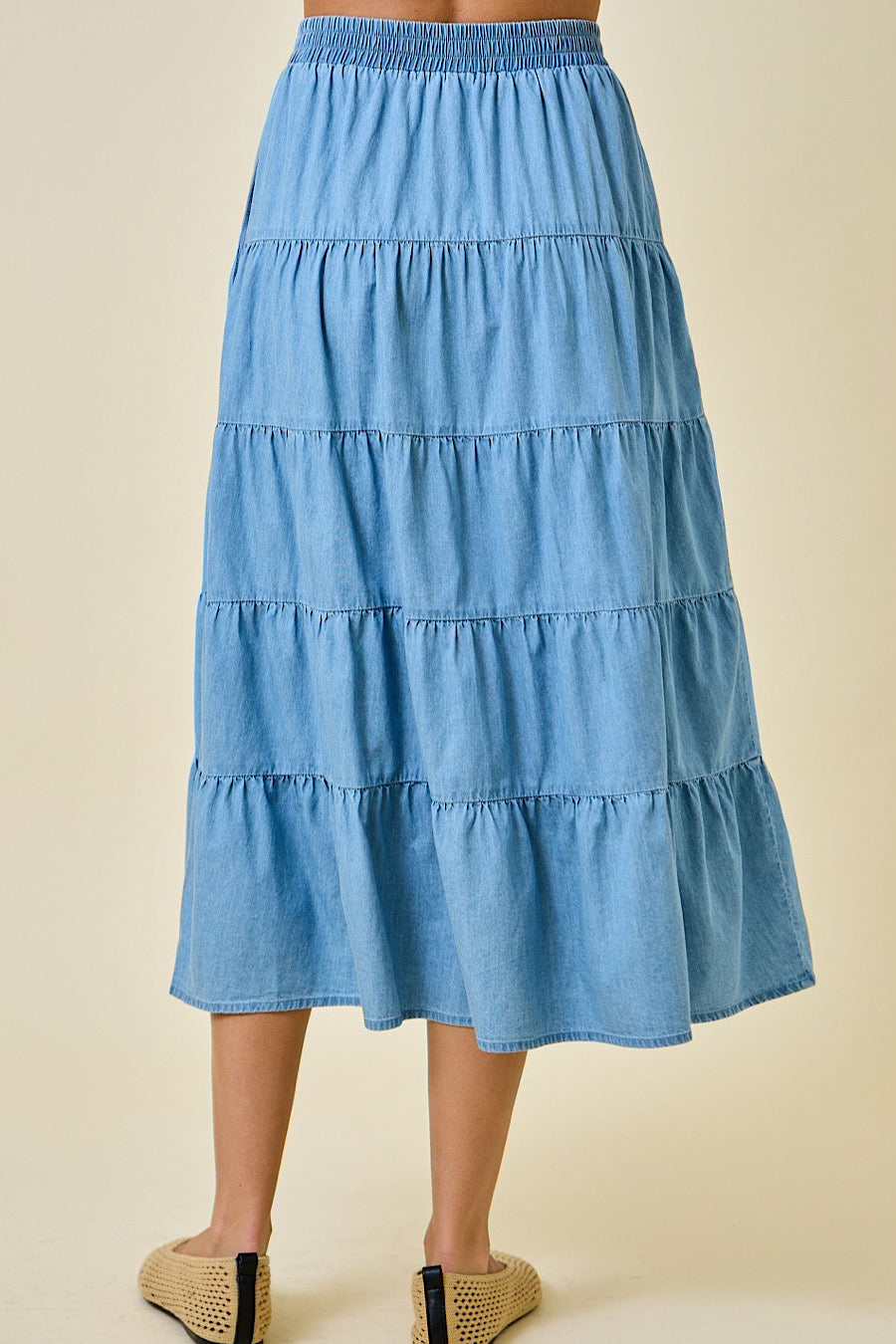 Alandro Tiered Denim Chambray Maxi Skirt