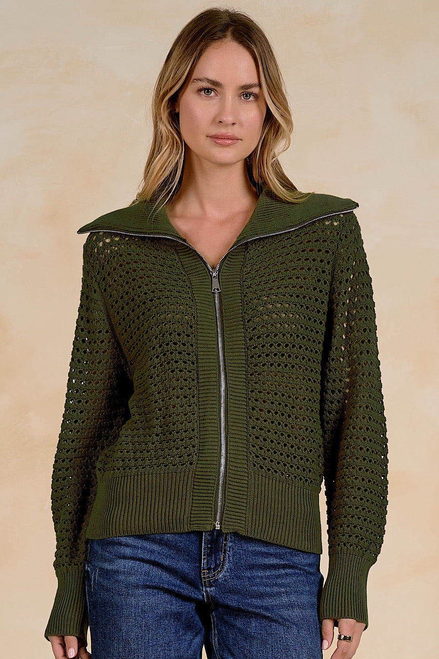 Sweater Retreat Open Knit Zip Up Top