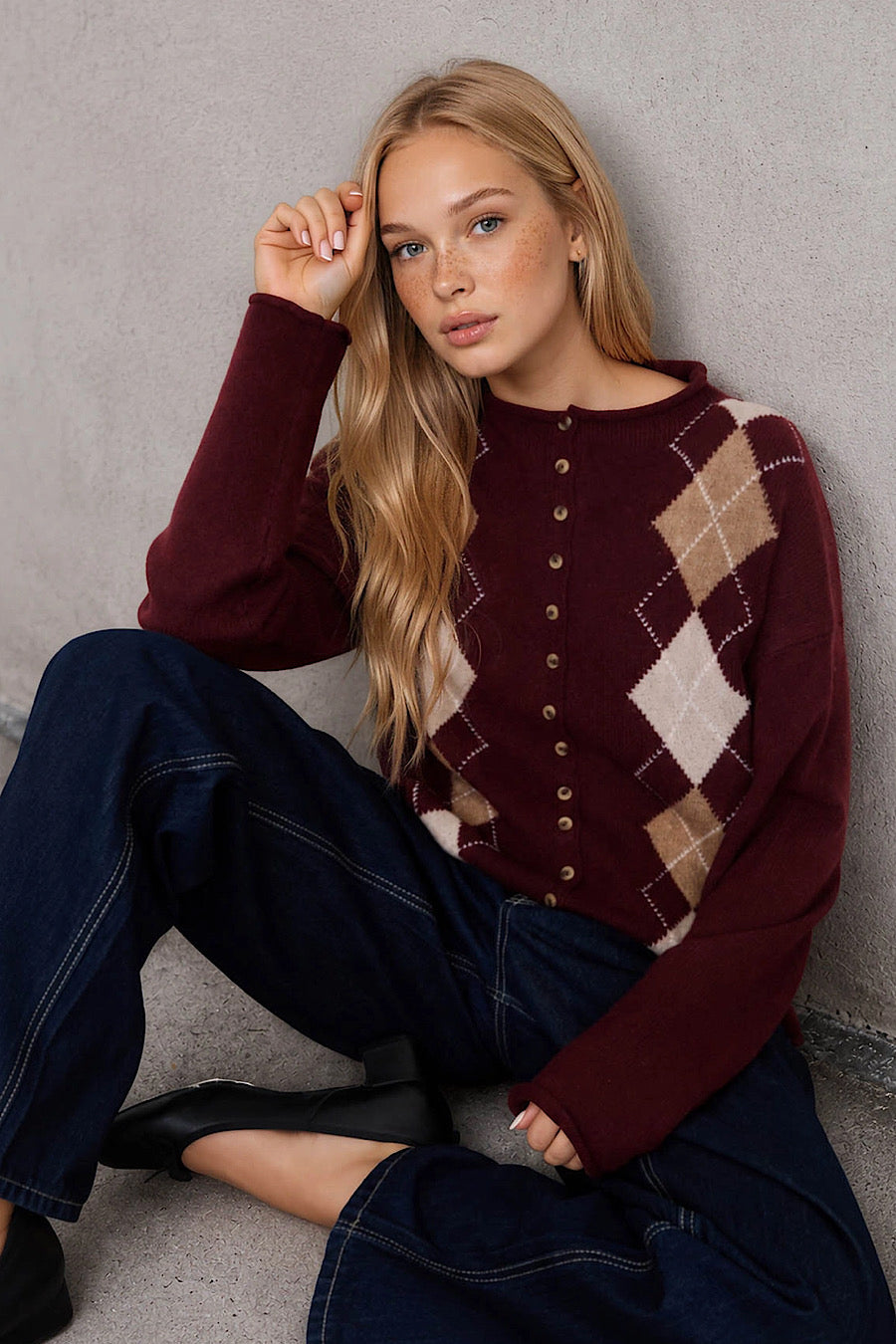 Rustic Spot Argyle Cardigan Sweater Oxblood