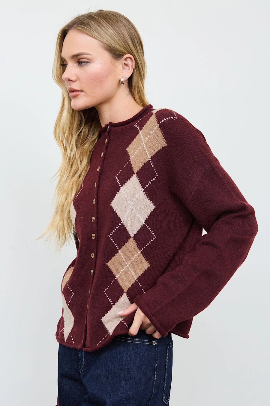 Rustic Spot Argyle Cardigan Sweater Oxblood