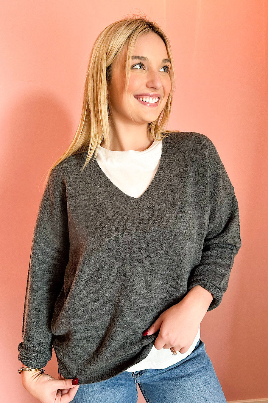 Warren V-Neck Knit Sweater in Charcoal