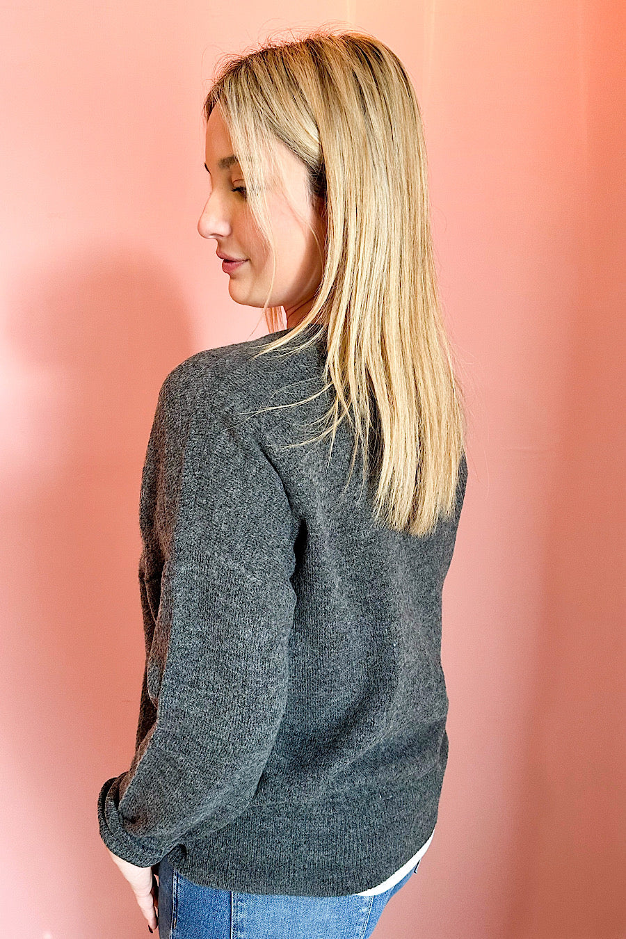 Warren V-Neck Knit Sweater in Charcoal