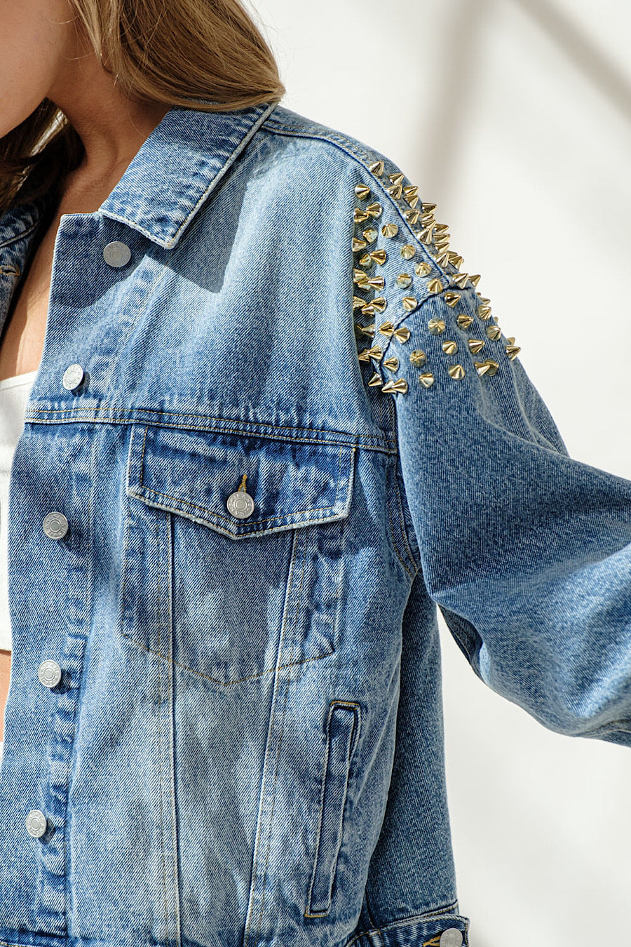 Ready, Spike, Go Studded Spike Denim Jacket