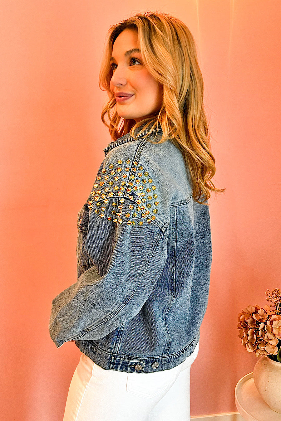 Ready, Spike, Go Studded Spike Denim Jacket
