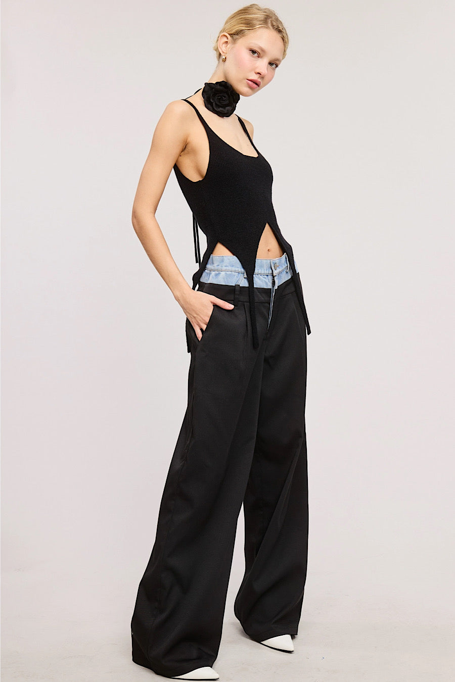 Dropout Denim Waistband Wide Leg Trouser Pants