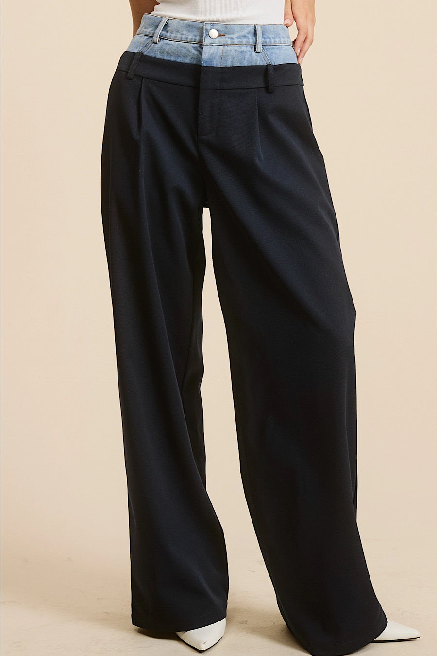 Dropout Denim Waistband Wide Leg Trouser Pants