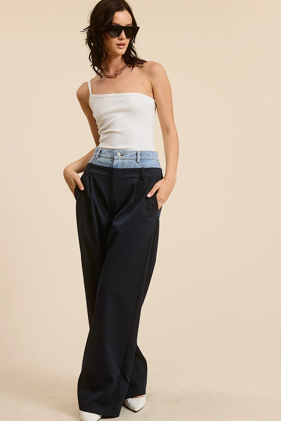Dropout Denim Waistband Wide Leg Trouser Pants