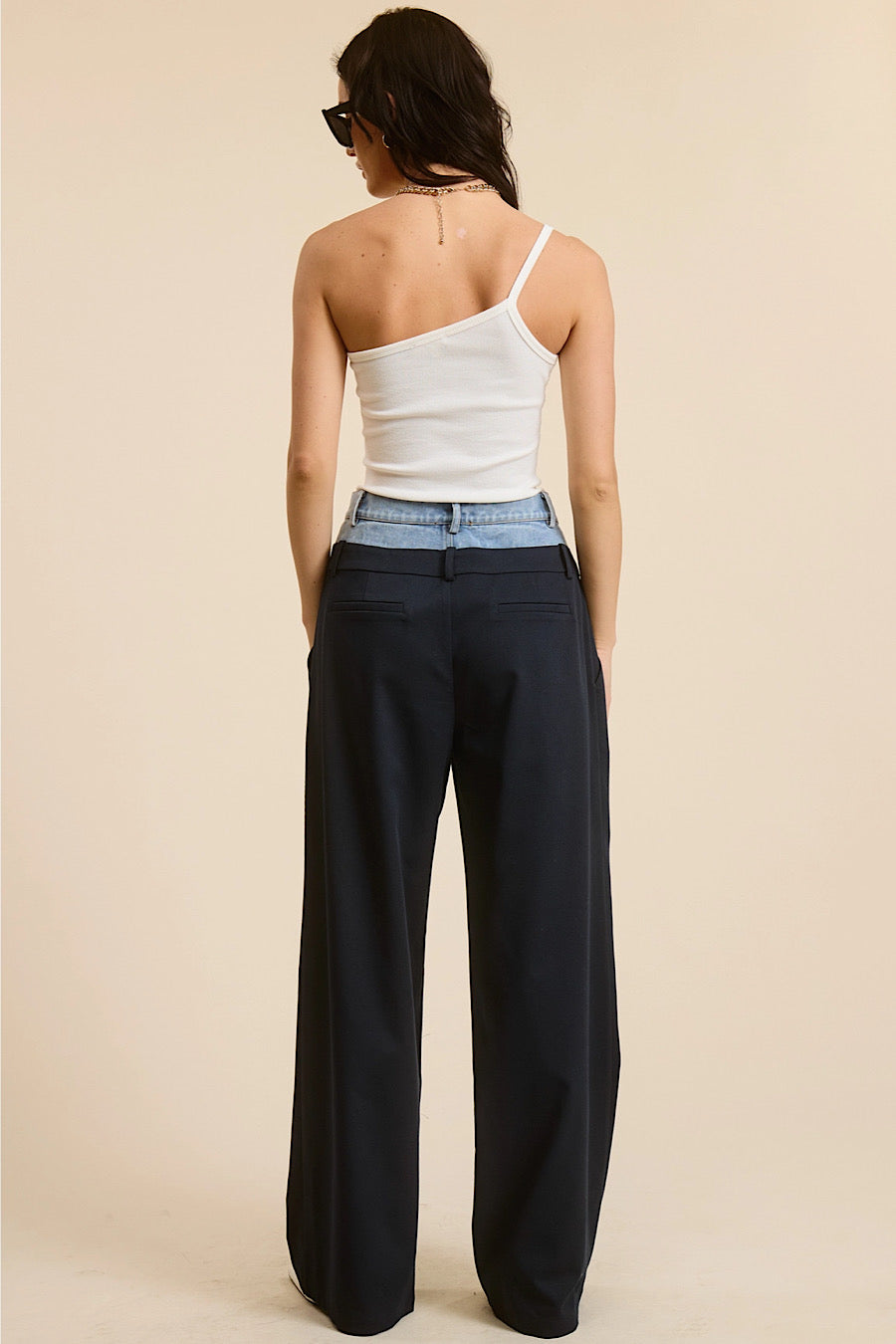 Dropout Denim Waistband Wide Leg Trouser Pants