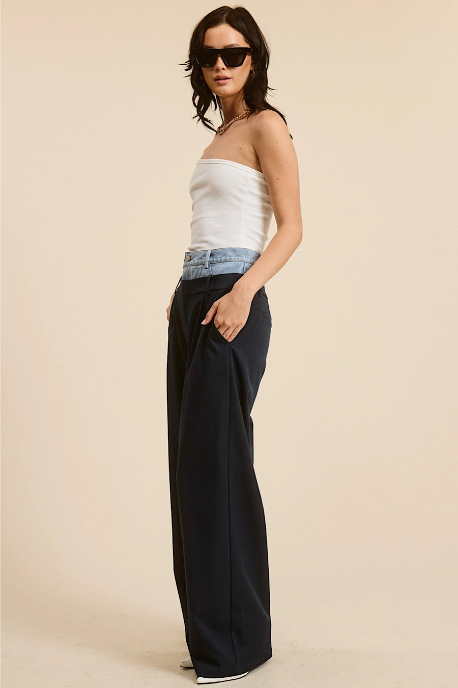 Dropout Denim Waistband Wide Leg Trouser Pants