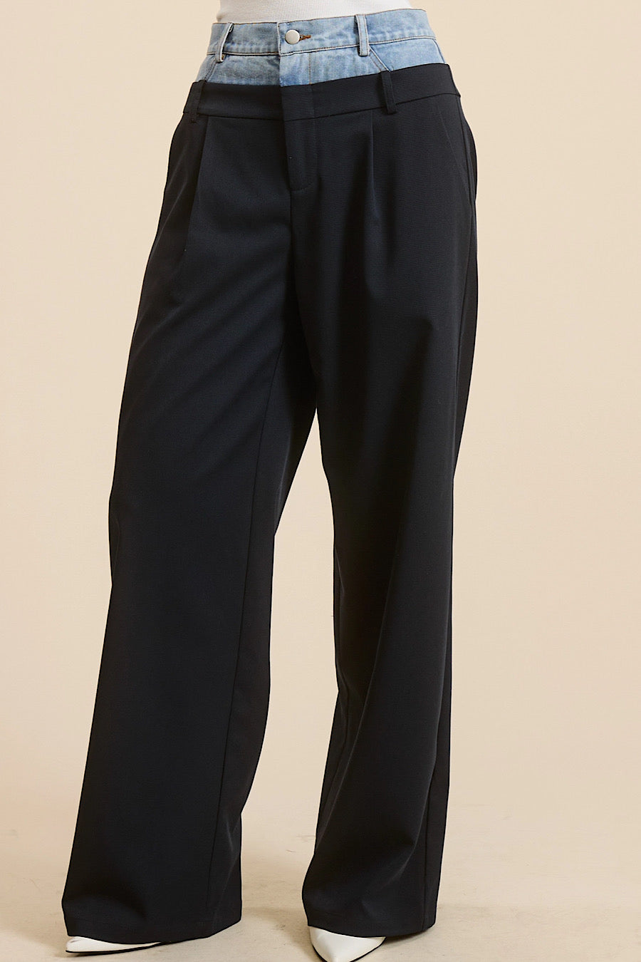 Dropout Denim Waistband Wide Leg Trouser Pants