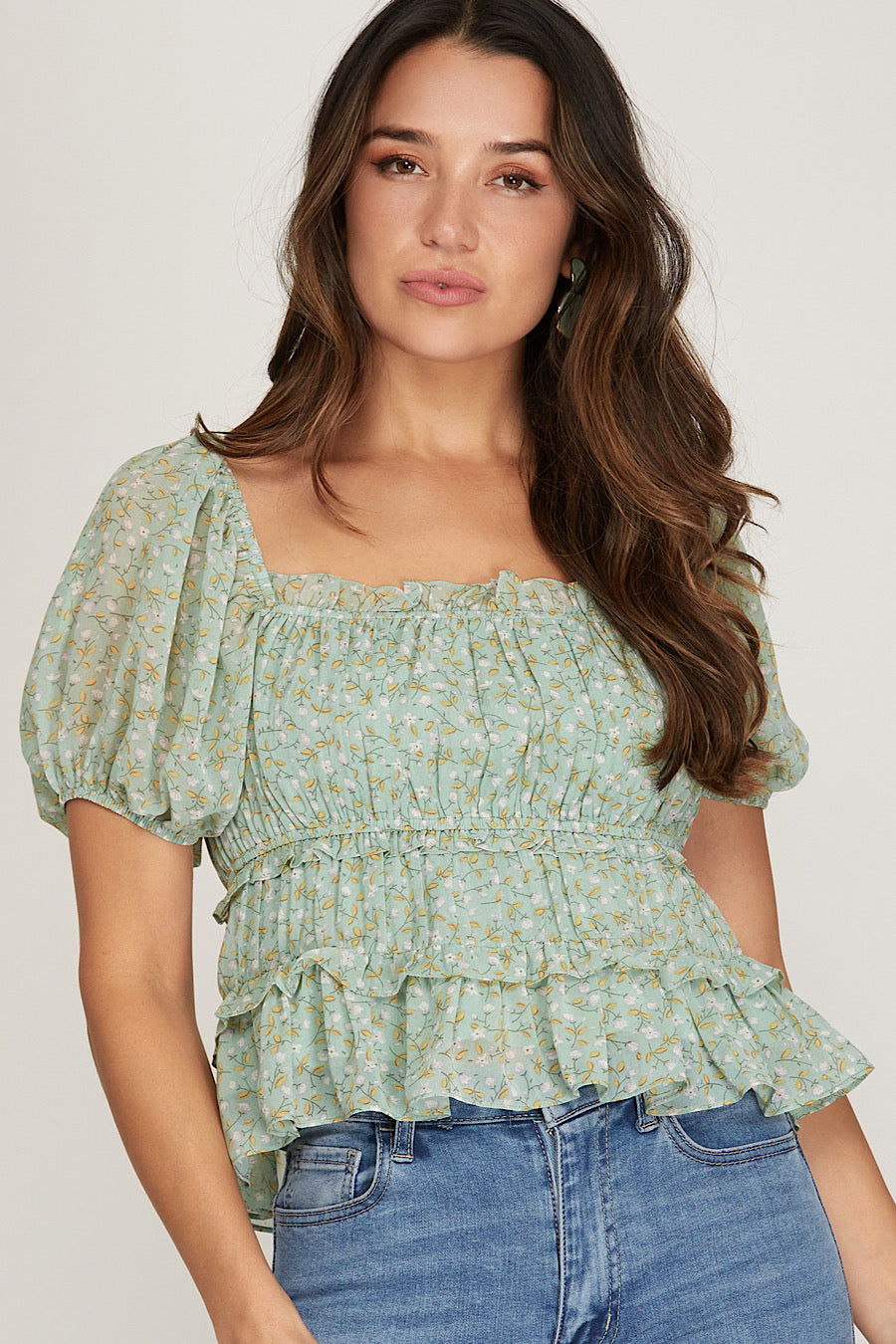 Island Sway Print Smocked Top Sage