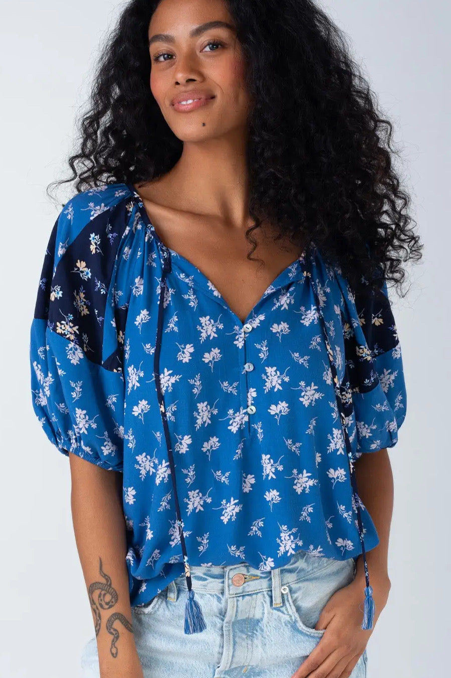Coastal Floral Tassel Tie Neck Blouse