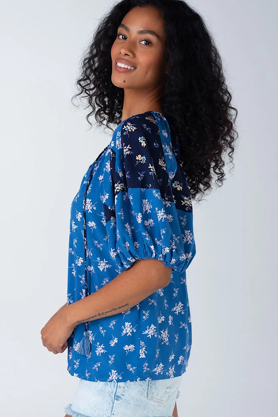 Coastal Floral Tassel Tie Neck Blouse