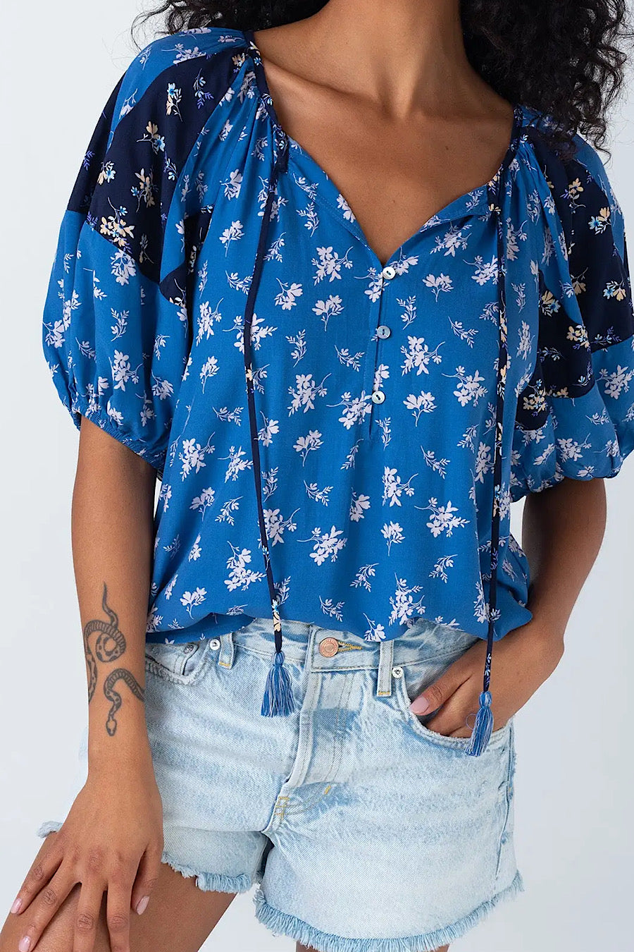Coastal Floral Tassel Tie Neck Blouse