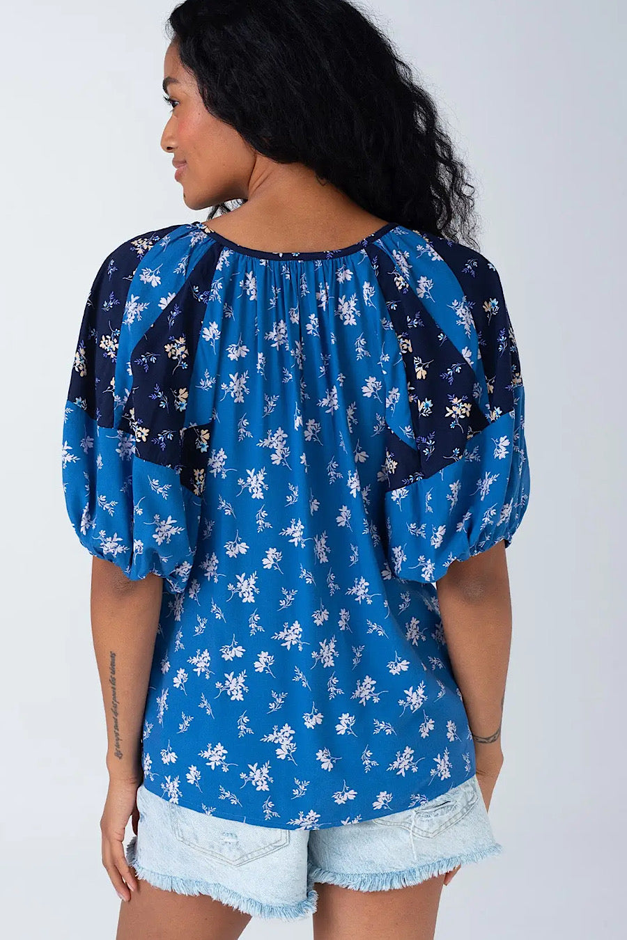 Coastal Floral Tassel Tie Neck Blouse