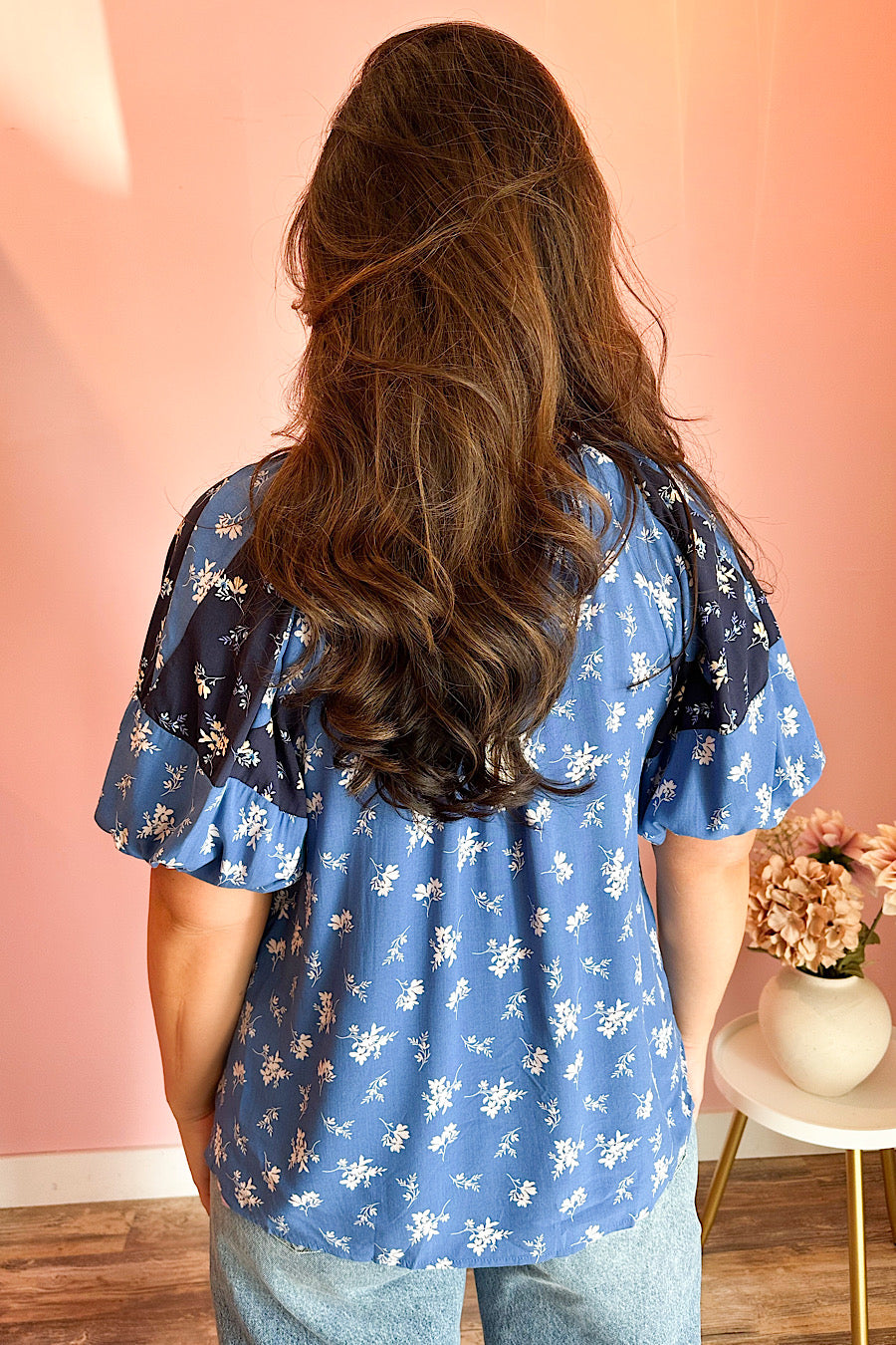 Coastal Floral Tassel Tie Neck Blouse