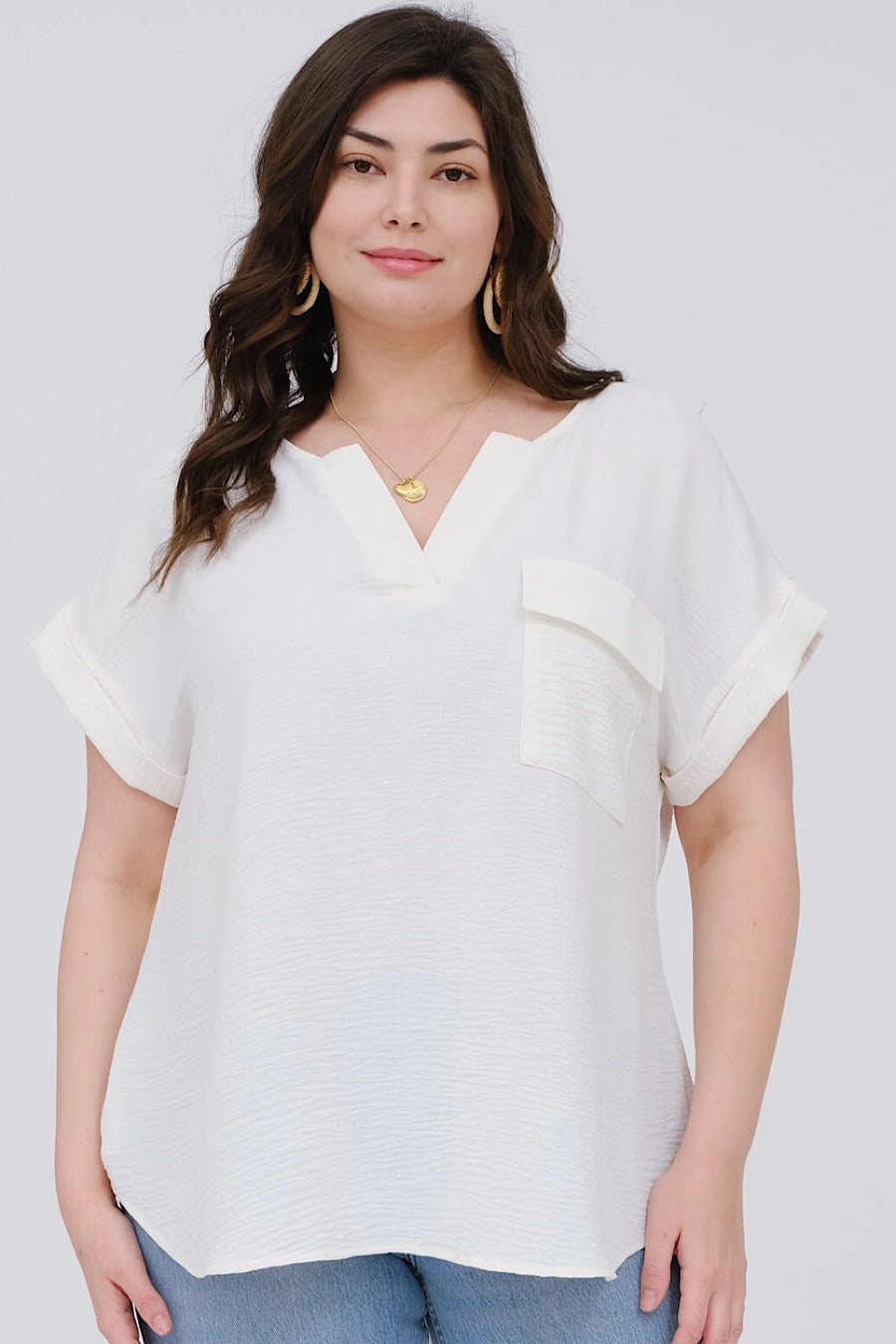 Curvy Take Solace Button Back Blouse Cream