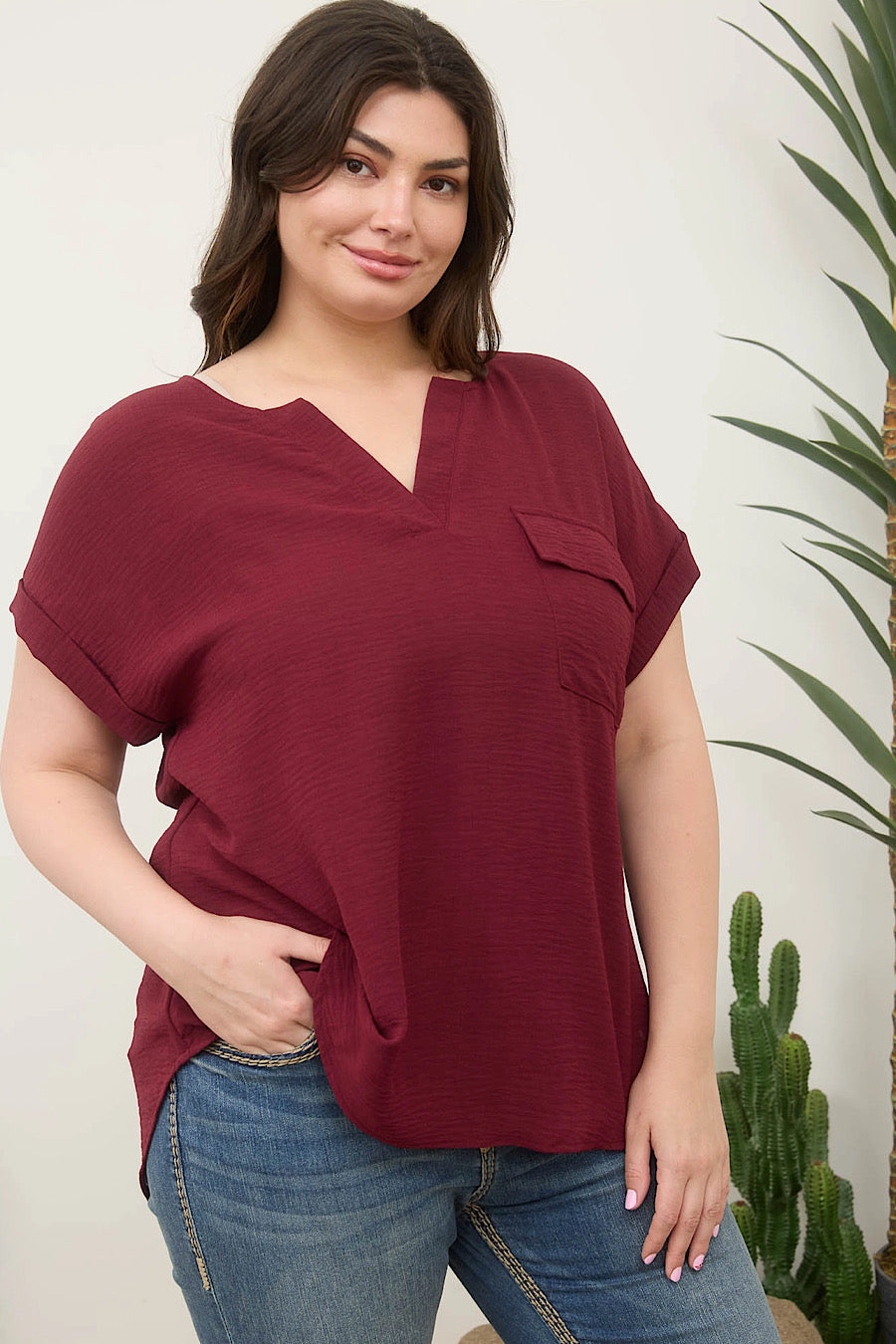 Curvy Take Solace Button Back Blouse Bordeaux