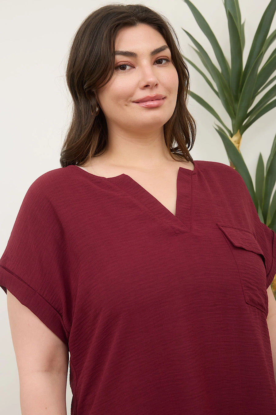 Curvy Take Solace Button Back Blouse Bordeaux