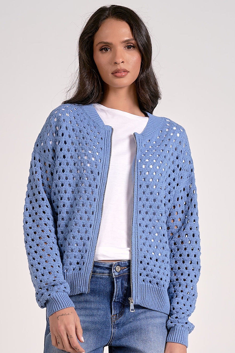 This Way Crochet Knit Zip Up Jacket/Cardigan Blue