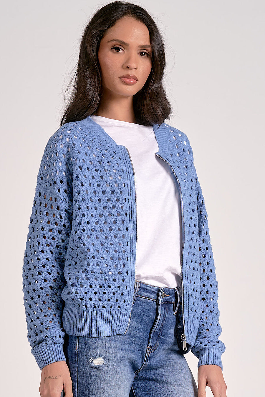 This Way Crochet Knit Zip Up Jacket/Cardigan Blue