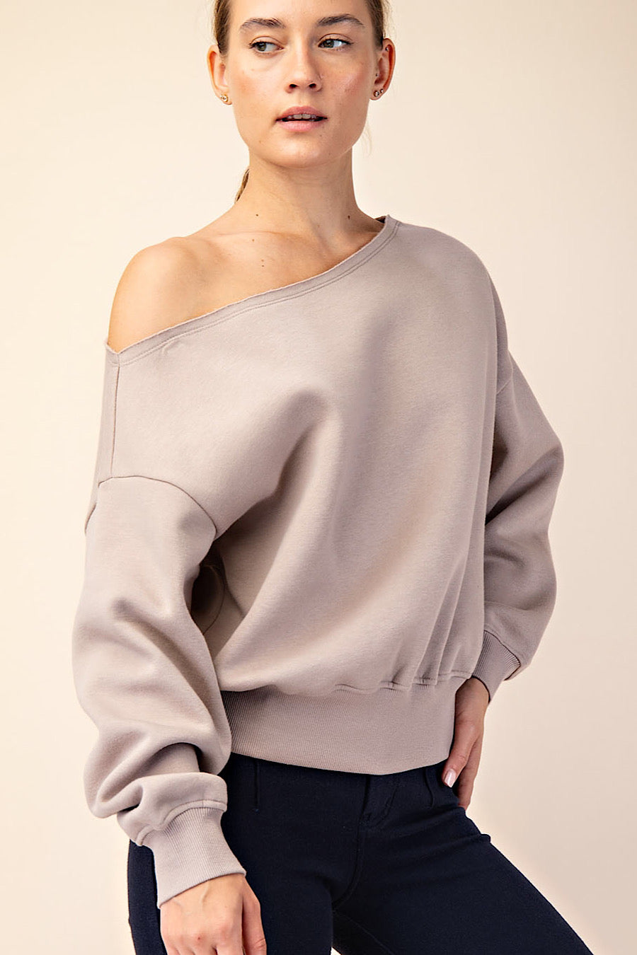Dancing Alone Off Shoulder Sweatshirt Taupe